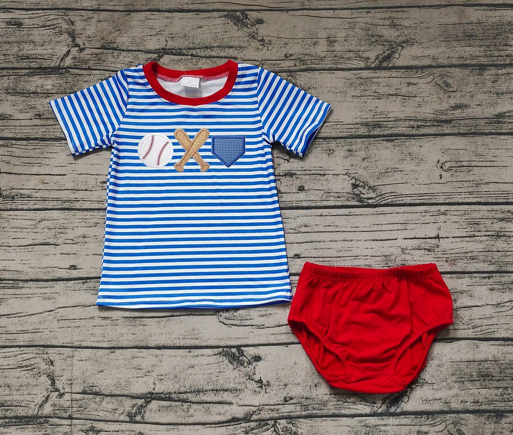 No moq Pre-order Baby Boy Baseball Blue Stripes Shirt Red Bummie Shorts Set