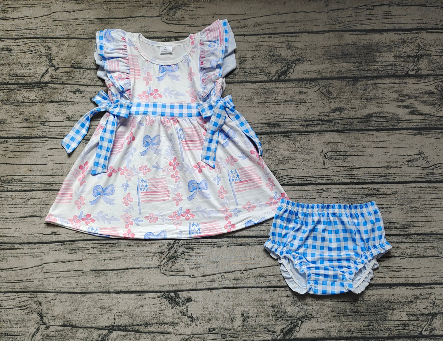 Baby Girl Blue Bows Flags Tunic Bummies July 4th Set