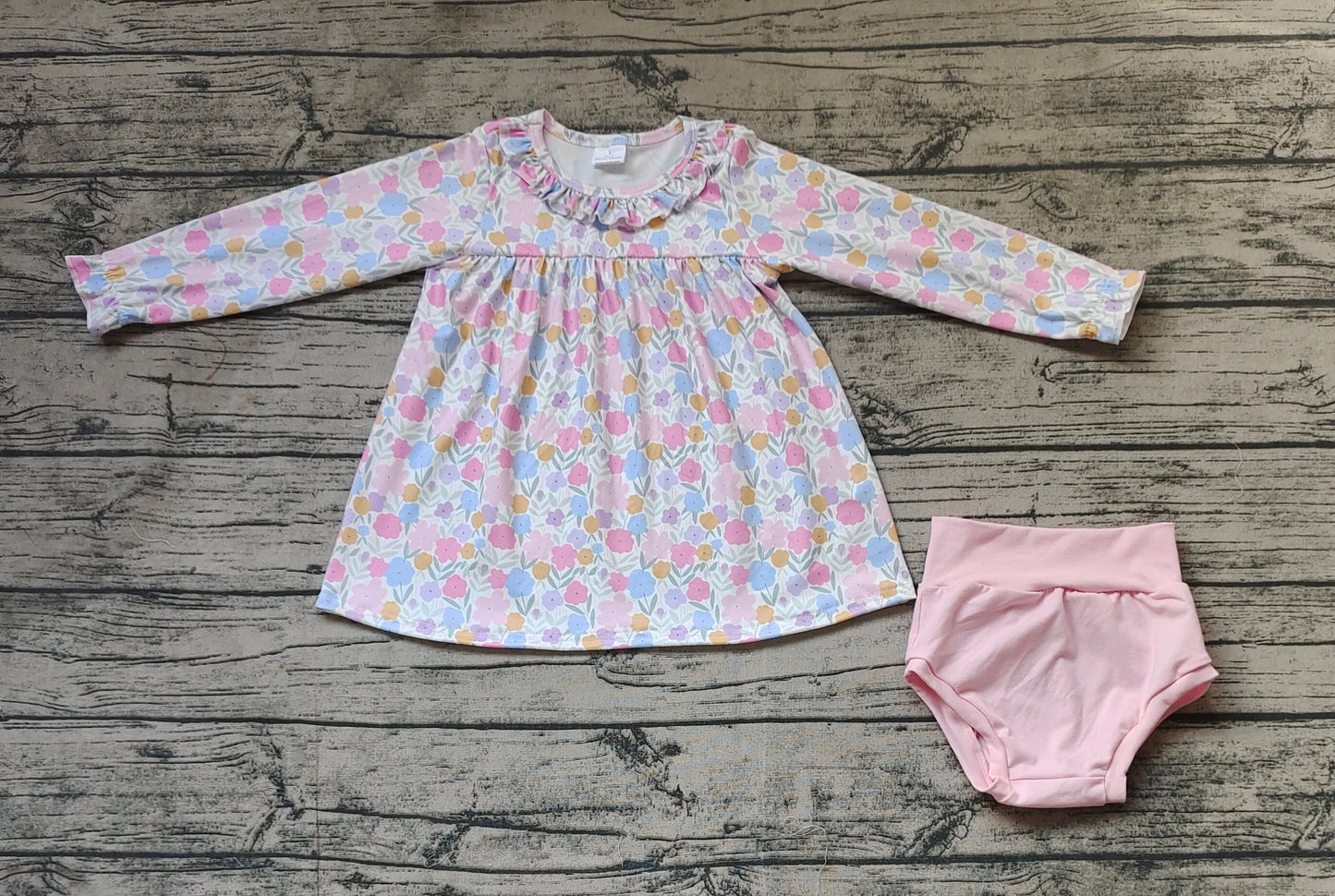 Baby Girl Long Sleeves Flower Tops Pink Bummie Set