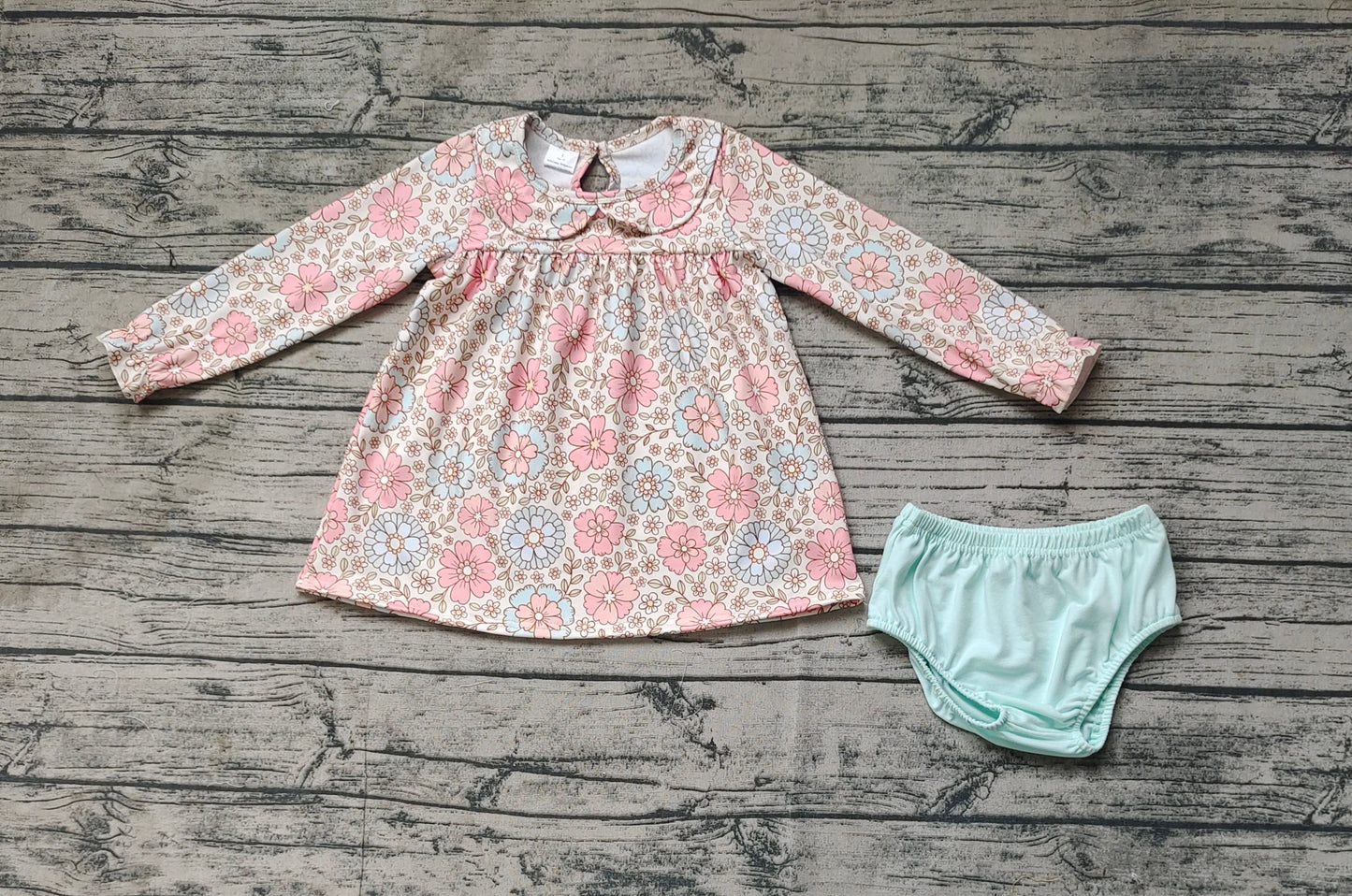 Baby Girl Long Sleeves Flower Tunic Blue Bummies Set