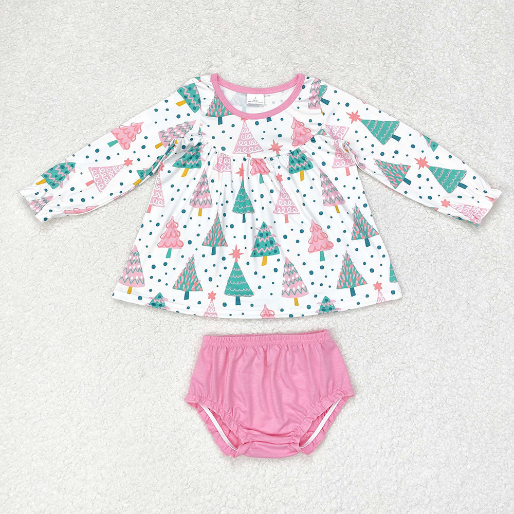 Baby Girl Christmas Colorful Trees Sibling Bummie Set Dress