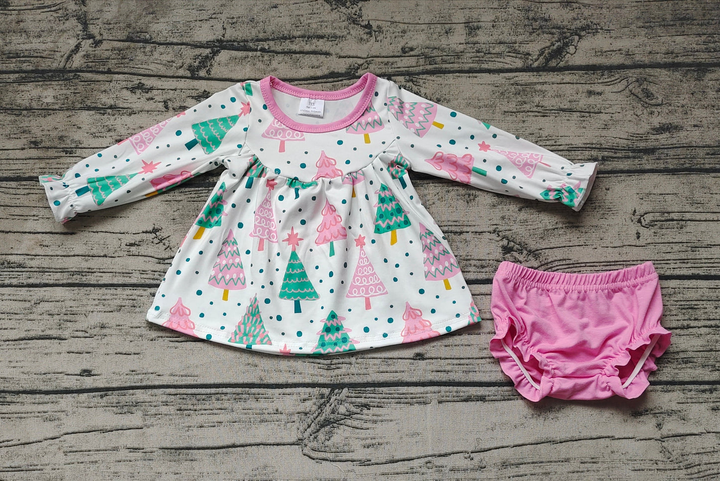 Baby Girl Christmas Trees Tops Pink Bummies Set