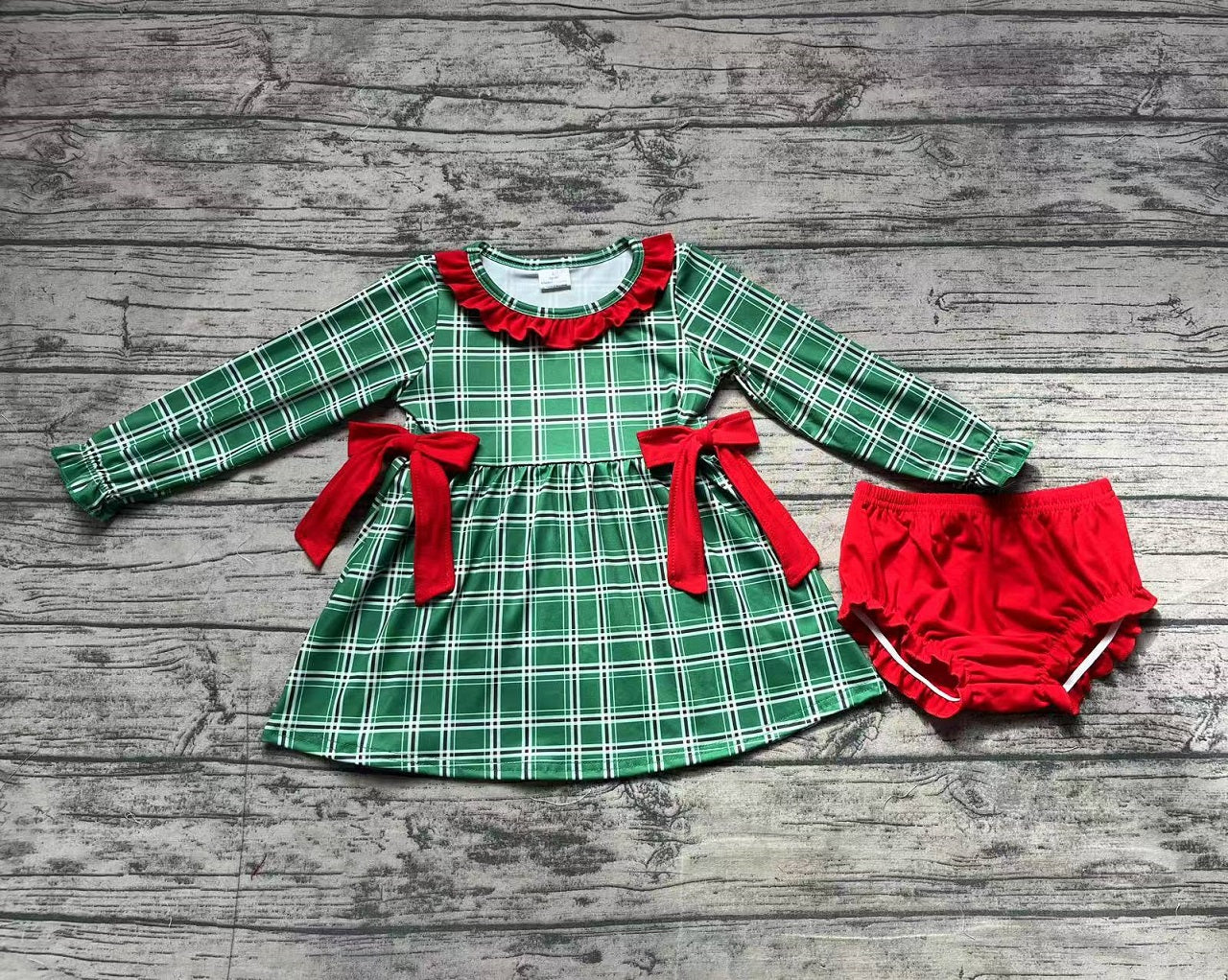 Baby Girl Long Sleeves Green Checkered Tunic Red Bummies Christmas Set