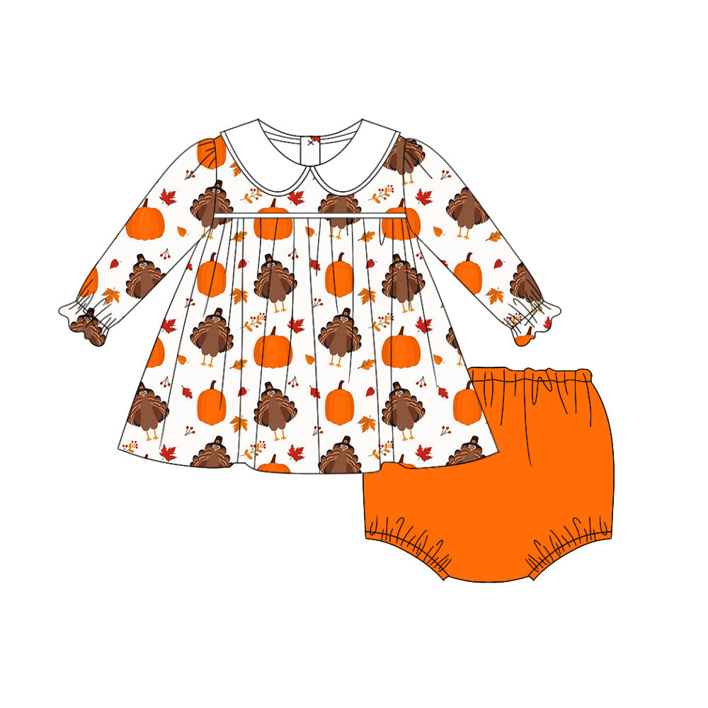 Pre-order Baby Girl Thanksgiving Turkey Pumpkin Tunic Orange Bummies Clothes Set