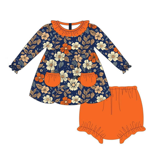 Pre-order Baby Girl Fall Flowers Pockets Tops Orange Bummies Set