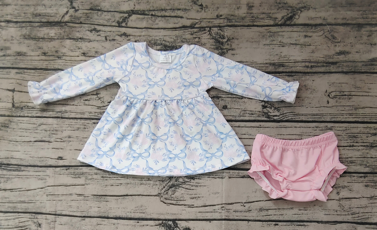 Baby Girl Long Sleeves Blue Bows Flower Tunic Bummie Set