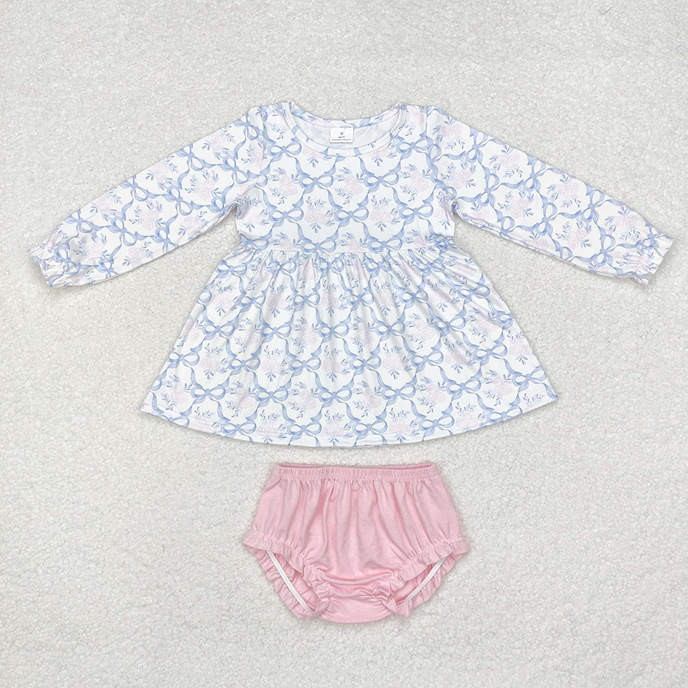 Baby Girl Kids Toddler Blue Bows Flower Sibling Dress Romper Set RTS