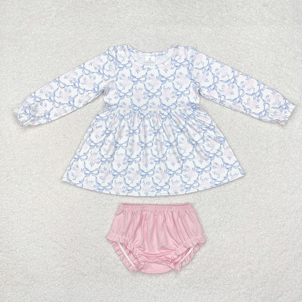 Baby Girl Blue Bows Flower Sibling Bummie Set Clothes Dress