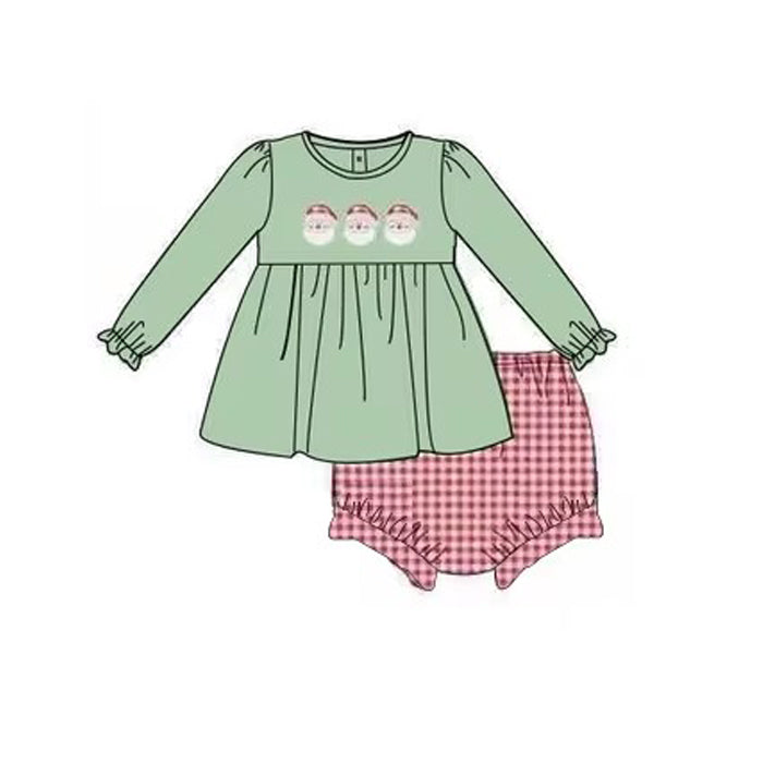 Pre-order Baby Girl Christmas Santa Green Tunic Red Plaid Bummie Shorts Set