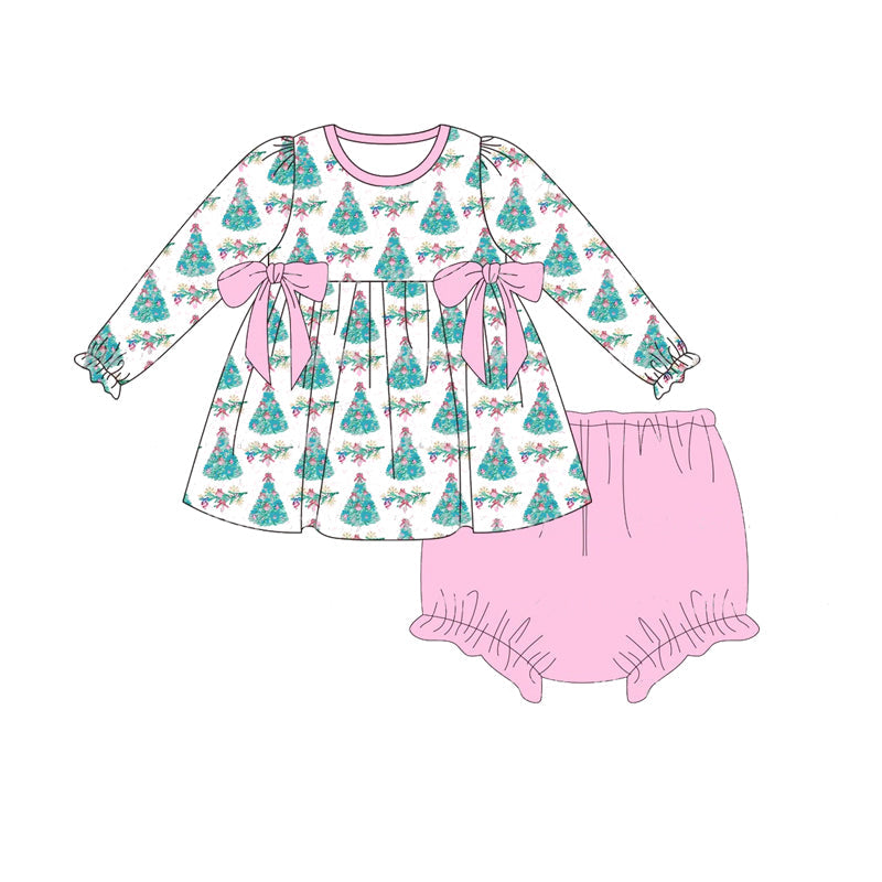 Pre-order Baby Girl Christmas Trees Tops Pink Bummie Shorts Set