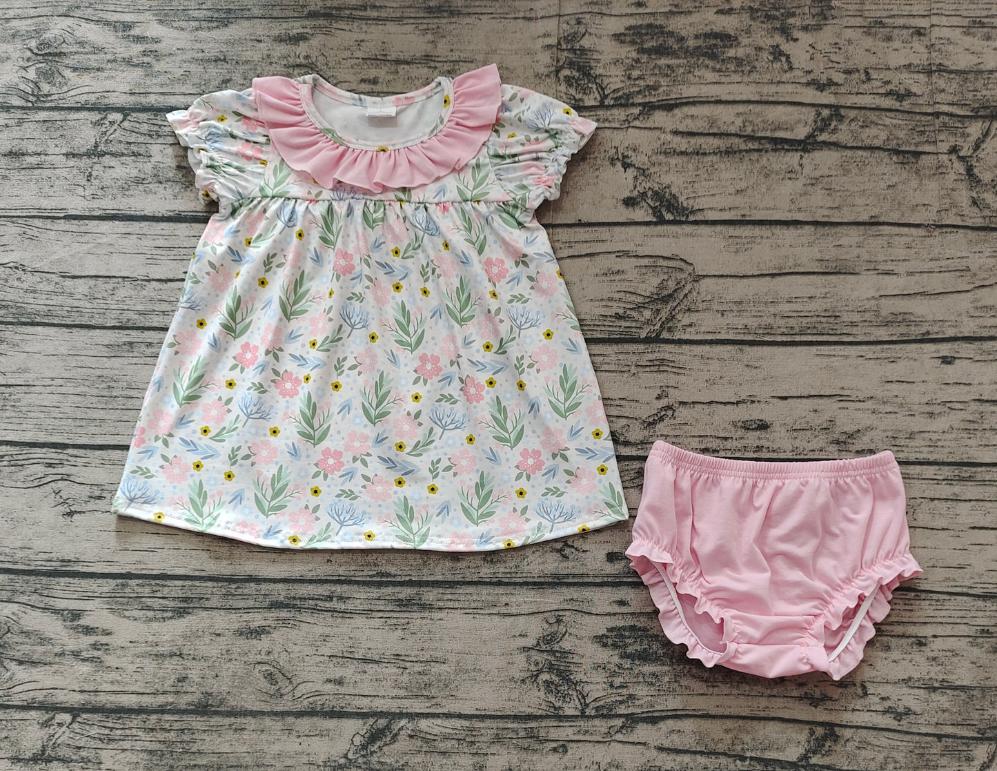 Baby Girl Short Sleeves Flower Ruffle Tops Pink Bummie Clothes Set