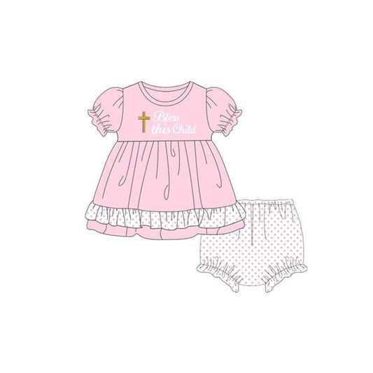 Preorder Baby Girl Short Sleeves Easter Cross Pink Tunic Bummie Clothes Set