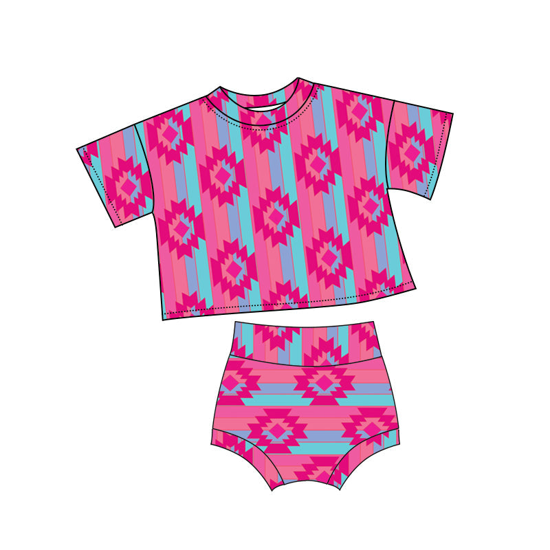 Preorder Baby Girl Short Sleeves Western Aztec Shirt Bummie Shorts Pink Clothes Set