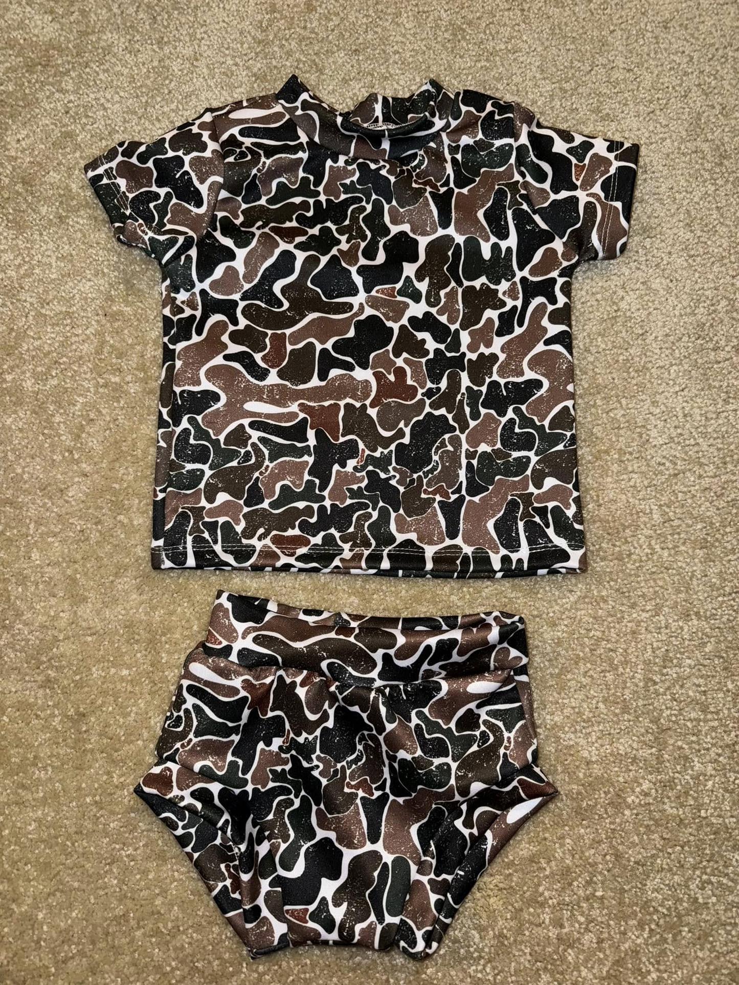 Preorder Baby Girl Short Sleeves Brown Camo Shirt Bummie Shorts Clothes Set