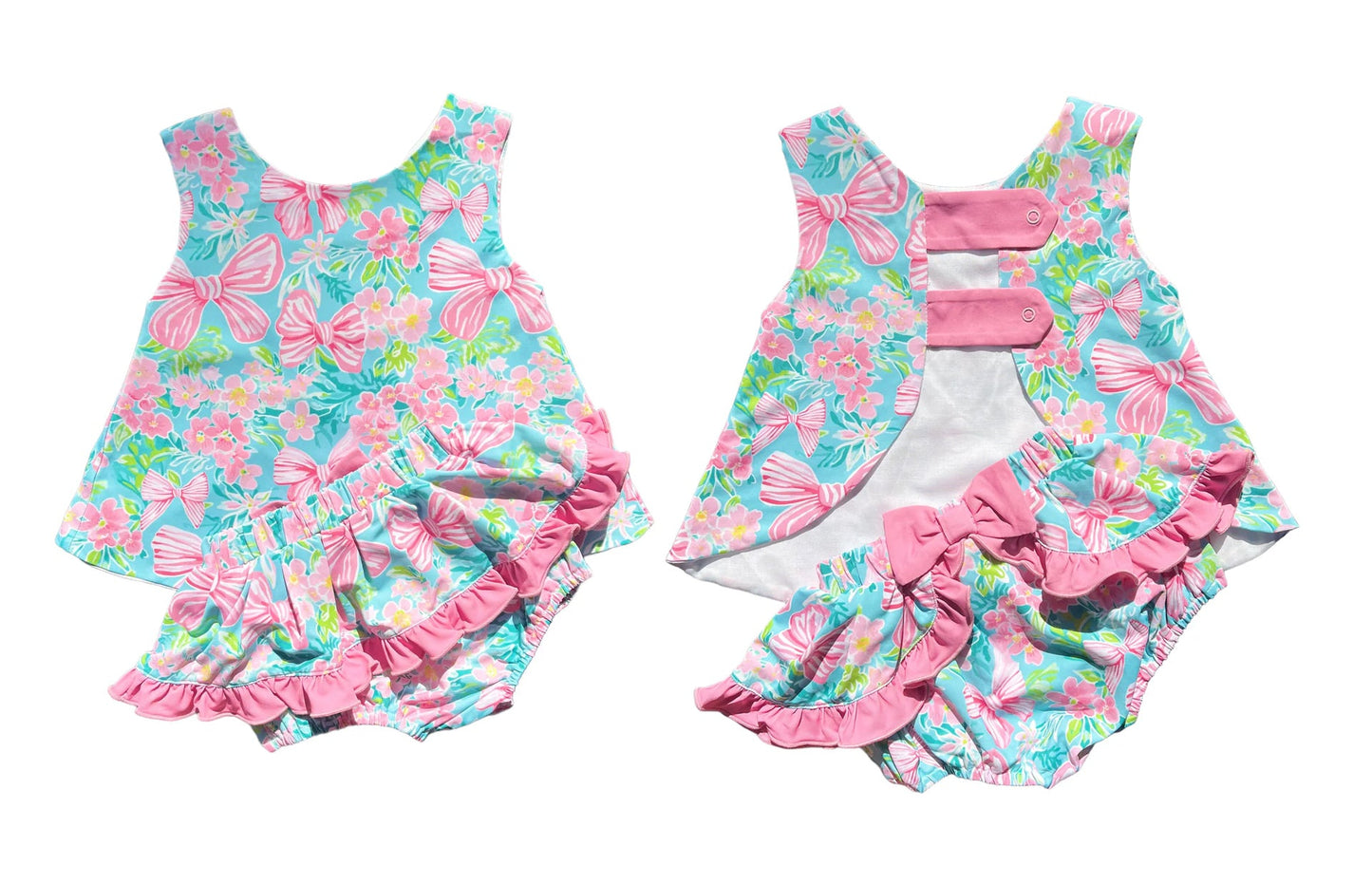 Preorder Baby Girl Sleeveless Flower Pink Bows Tops Ruffle Bummie Set ( Moq 5 )