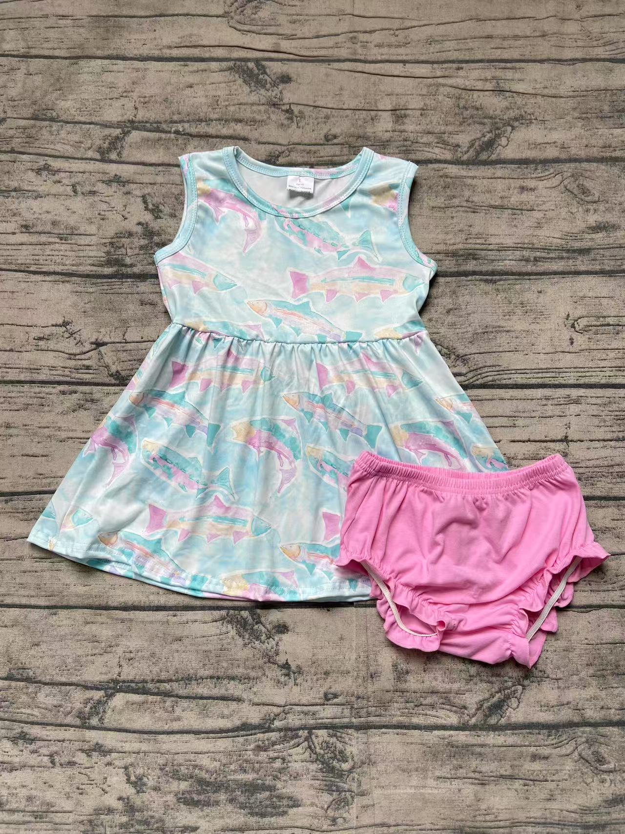 Preorder Baby Girl Sleeveless Shark Tunic Pink Cotton Bummies Clothes Set ( No moq )