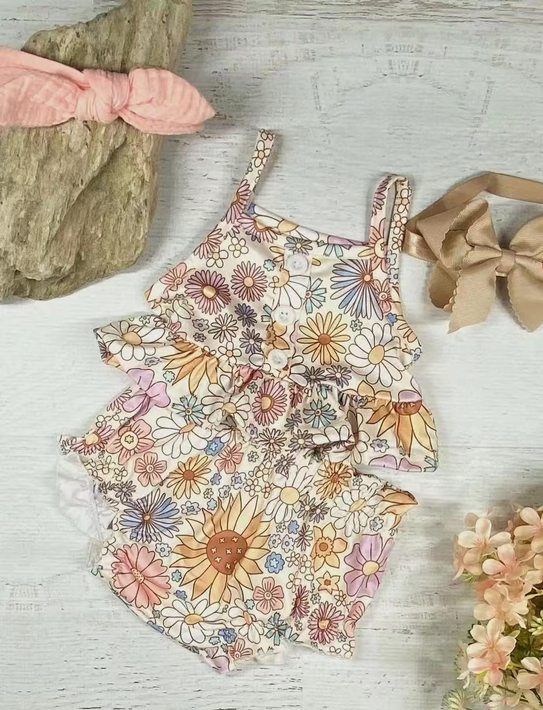 Preorder Baby Girl Straps Flower Ruffle Tunic Bummies Clothes Set ( Moq 5 )