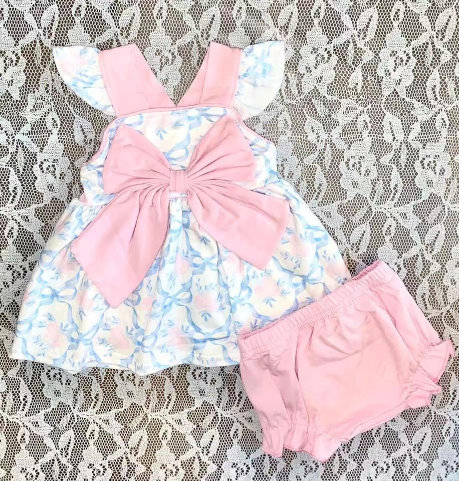 Preorder Baby Girl Short Sleeves Flower Bows Tunic Pink Bummie Clothes Set ( Moq 5 )