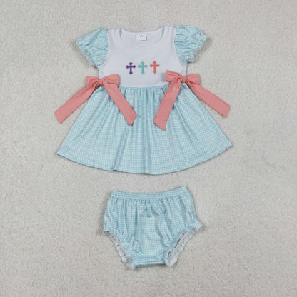 Sibling Baby Girls Kids Embroidery Cross Easter Blue Plaid Easter Dress Set RTS