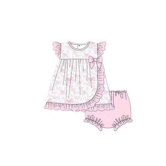 ( Moq 5 ) Preorder Baby Girls Short Sleeves Bows Flower Ruffle Tops Pink Bummie Shorts Set