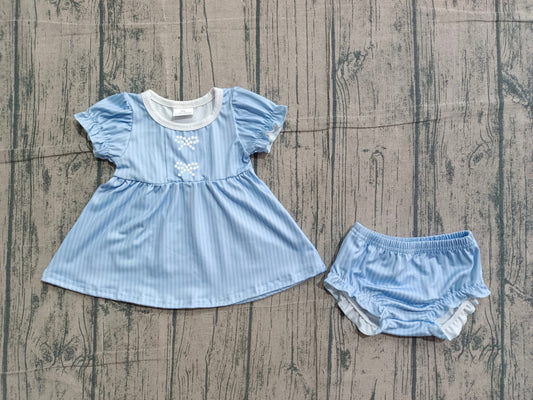 ( No moq ) Preorder Baby Girls Short Sleeves Embroidery Bows Stripes Tops Bummie Shorts Set