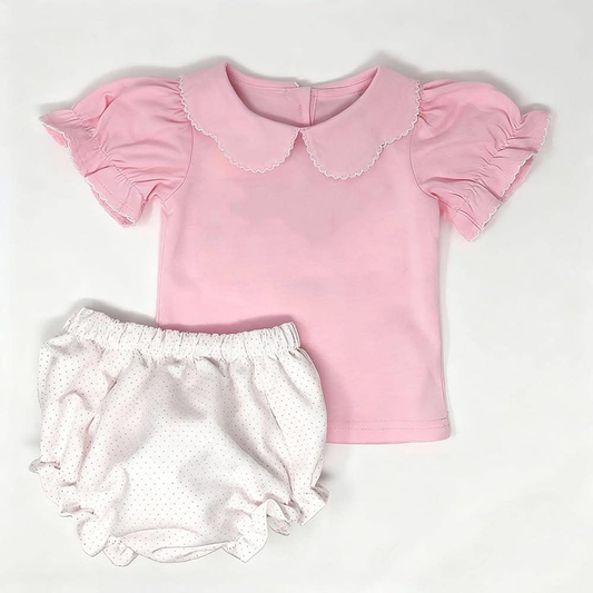 ( Moq 5 ) Preorder Baby Girls Pink Short Sleeves Tops Dots Bummie Shorts Clothes Set