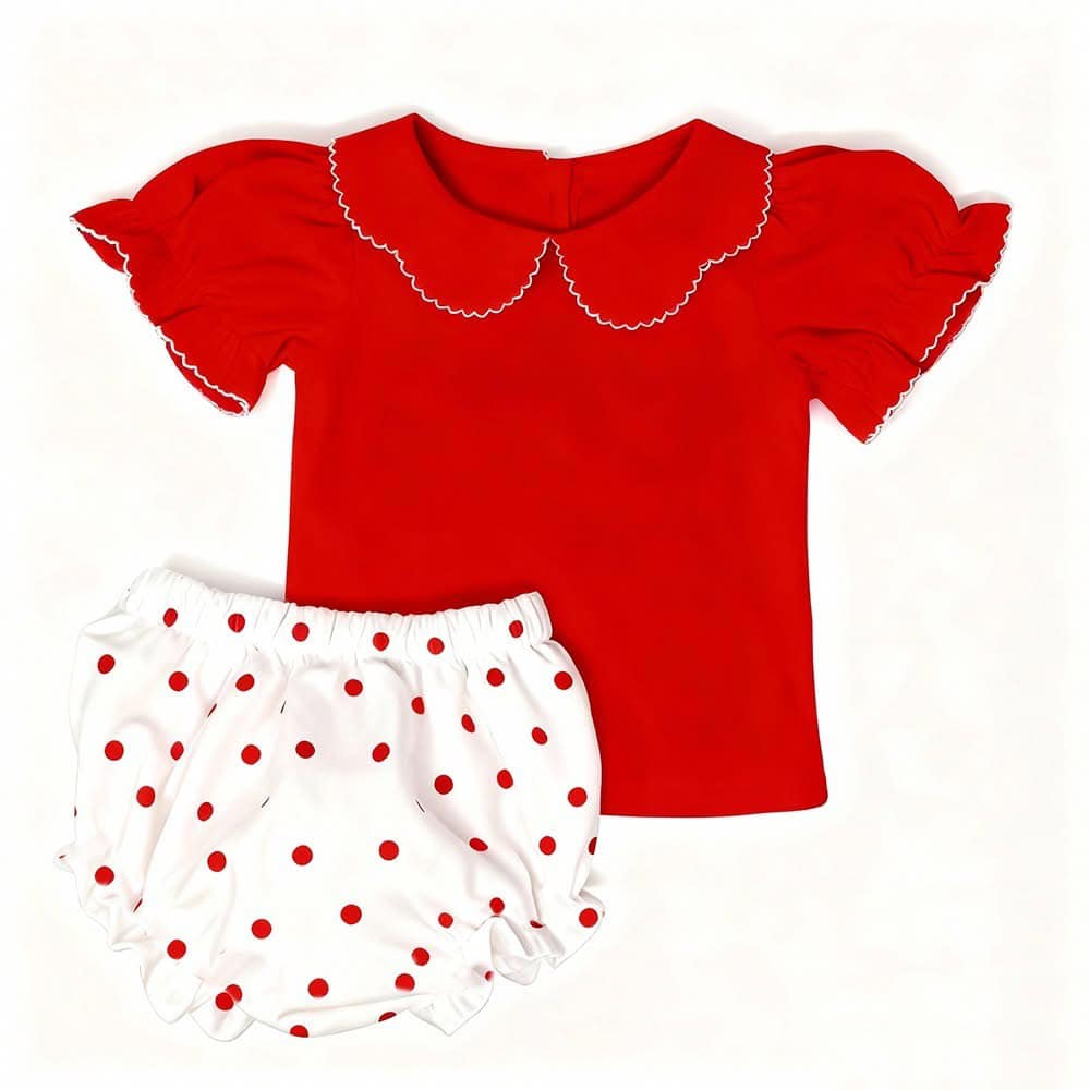 ( Moq 5 ) Preorder Baby Girls Red Short Sleeves Tops Dots Bummie Shorts Clothes Set