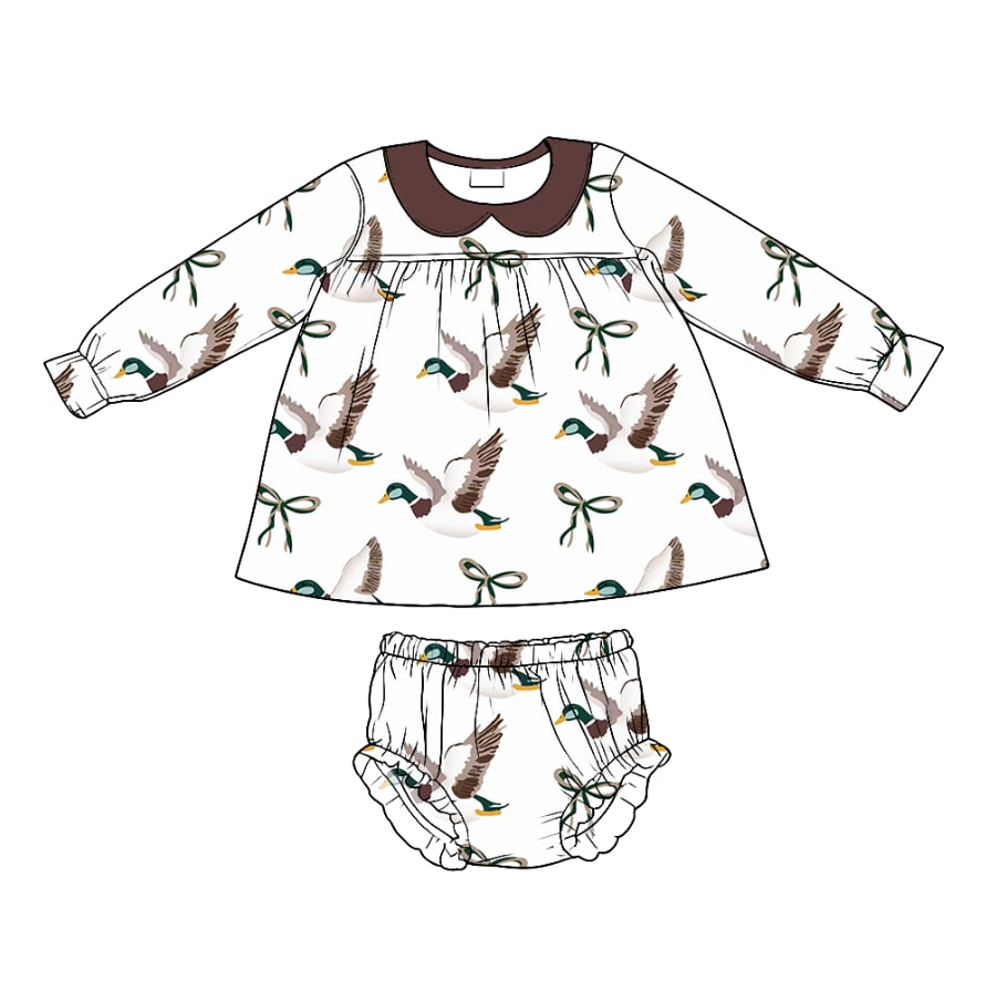 ( Moq 5 ) Preorder Baby Girls Long Sleeves Ducks Bows Tunic Bummie Shorts Outfit