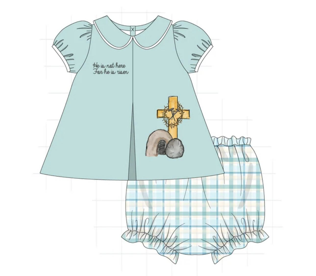 ( Moq 5 ) Preorder Baby Girls Short Sleeves Cross Tunic Plaid Bummie Shorts Easter Clothes Set