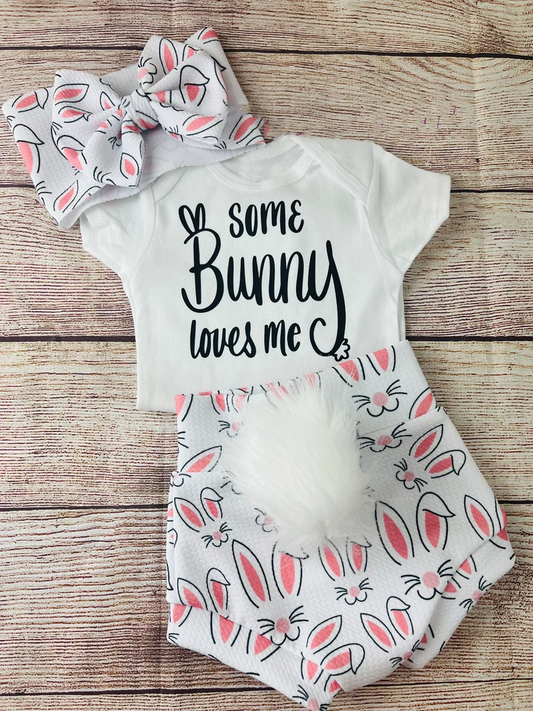 ( Moq 5 ) Preorder Baby Girls Short Sleeves Bunny Shirt Rabbits Fur Bummie Shorts Easter Clothes Set