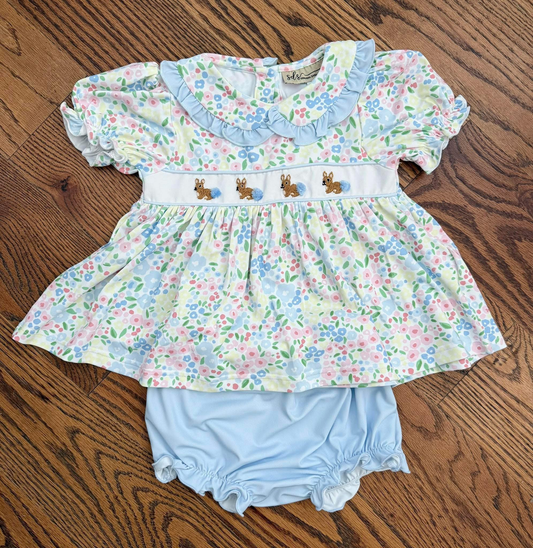 ( Moq 5 ) Preorder Baby Girls Short Sleeves Rabbits Floral Tunic Blue Bummie Shorts Easter Set