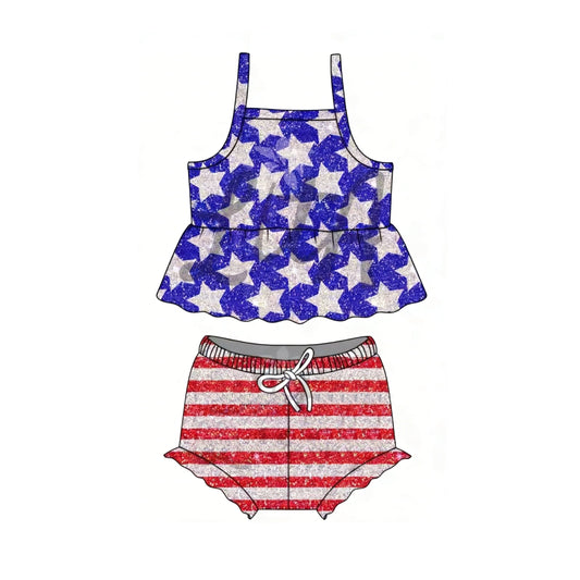 ( Moq 5 ) Preorder Baby Girls Straps Stars Tunic Stripes Bummie Shorts Set 4th of July Clothes