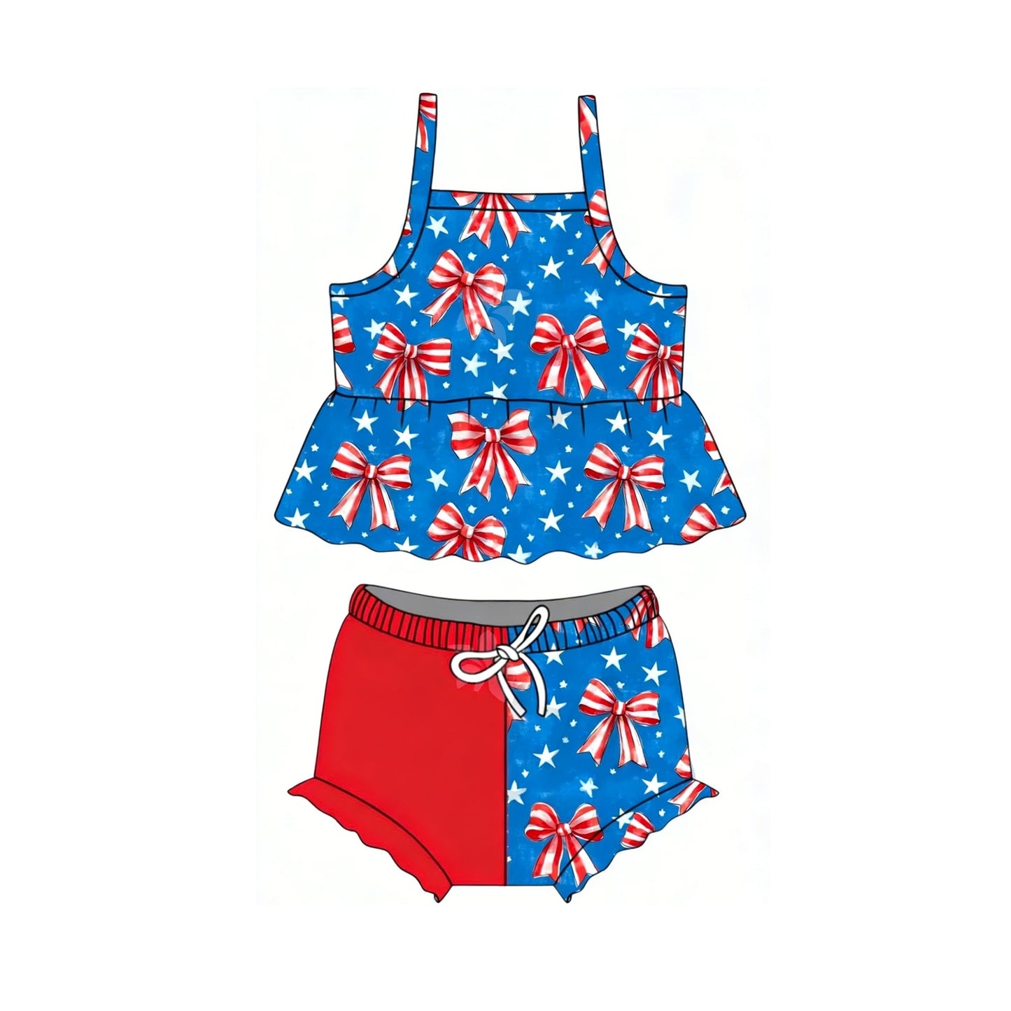 ( Moq 5 ) Preorder Baby Girls Straps Stars Bows Tunic Bummie Shorts Set 4th of July Clothes