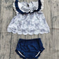 ( No moq ) Preorder Baby Girls Kids Embroidery Smocked Daddy's Girl Bows Flower Tops Navy Bummie Set Clothes