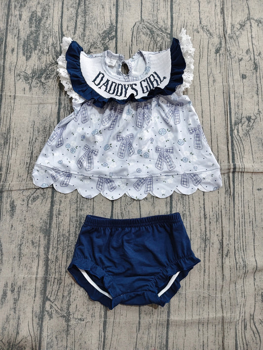 ( No moq ) Preorder Baby Girls Kids Embroidery Smocked Daddy's Girl Bows Flower Tops Navy Bummie Set Clothes