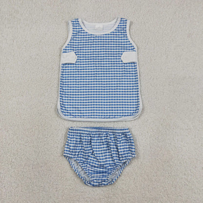 Sibling Baby Boys Girls Kids Blue Plaid Tops Bummie Shorts Sets Summer Clothes RTS