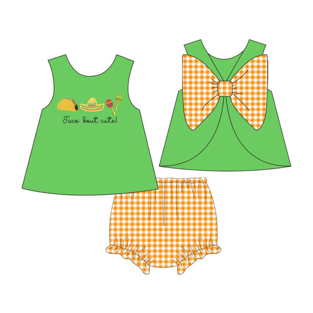 ( Moq 5 ) Preorder Baby Girl Kids Back Bow Green Tops Bummie Plaid Shorts Set Summer Clothes