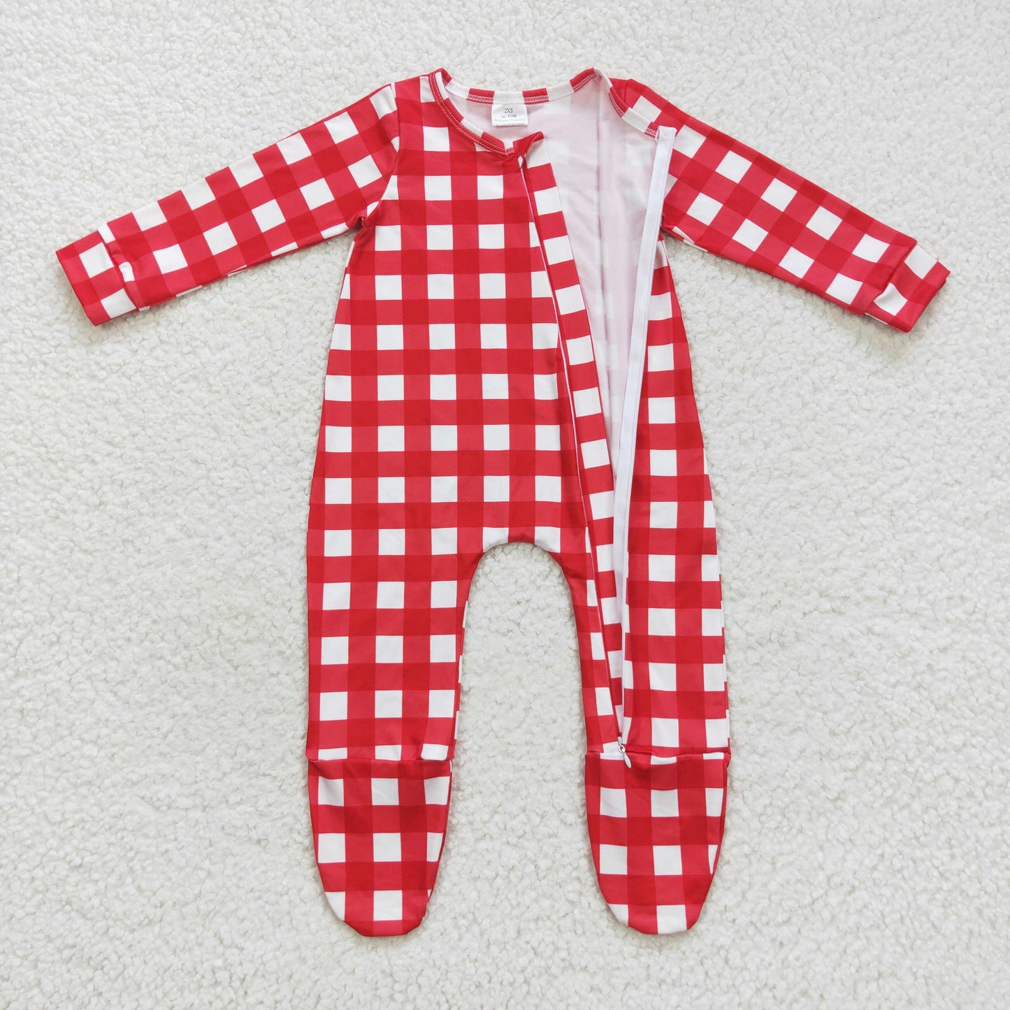 LR0549 Baby Girl Christmas Long Sleeves Red Plaid One Piece Zipper Footie Romper