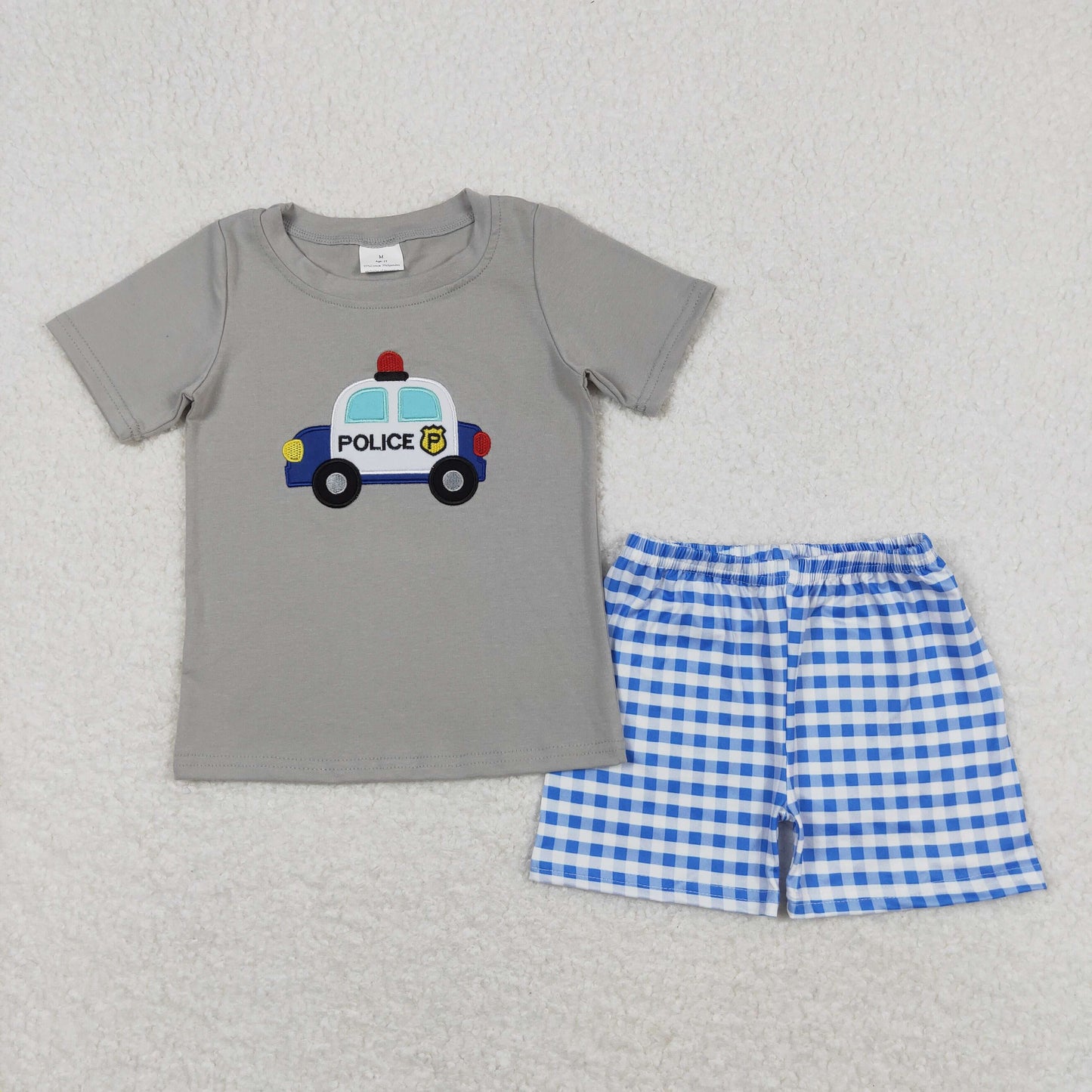 Baby Boy Short Sleeves Embroidery Police Cotton Shirt Blue Plaid Shorts Set