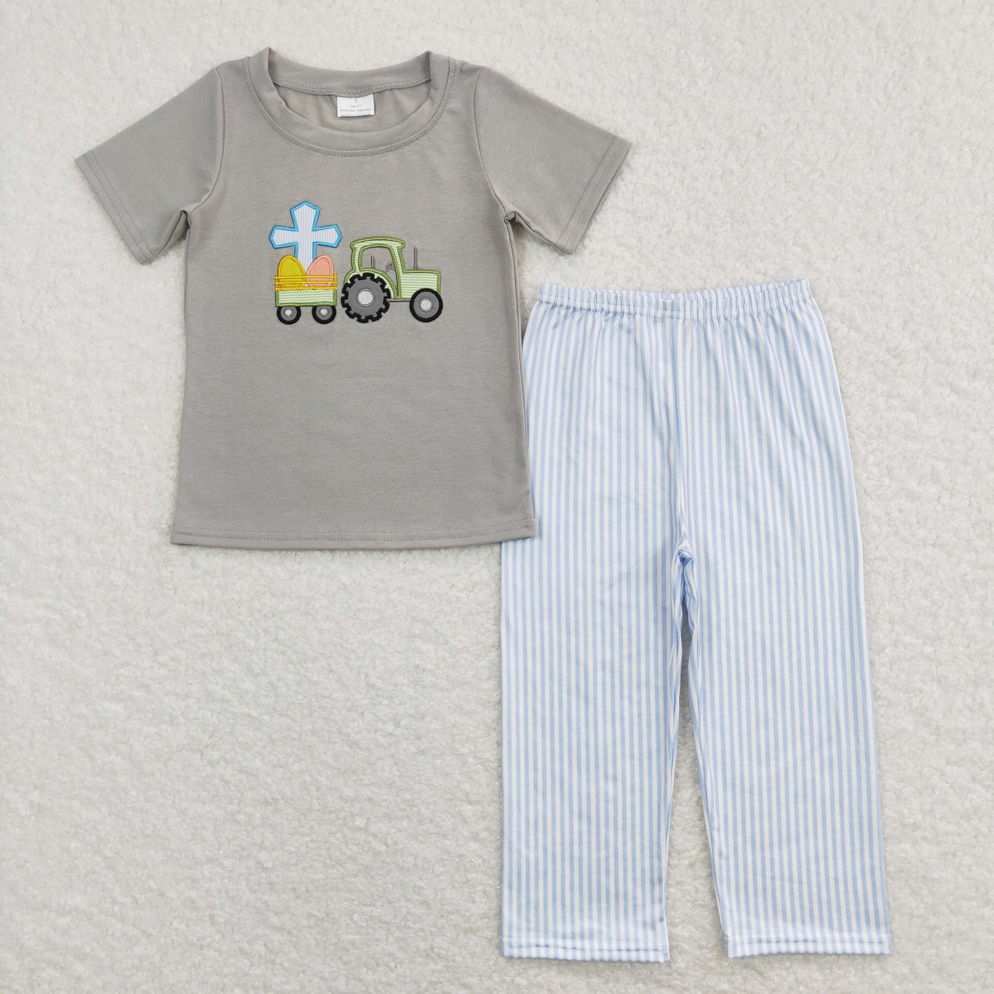 BSPO0194 Baby Boy Embroidery Tractor Eggs Shirt Stripes Pants Easter Set Pajamas