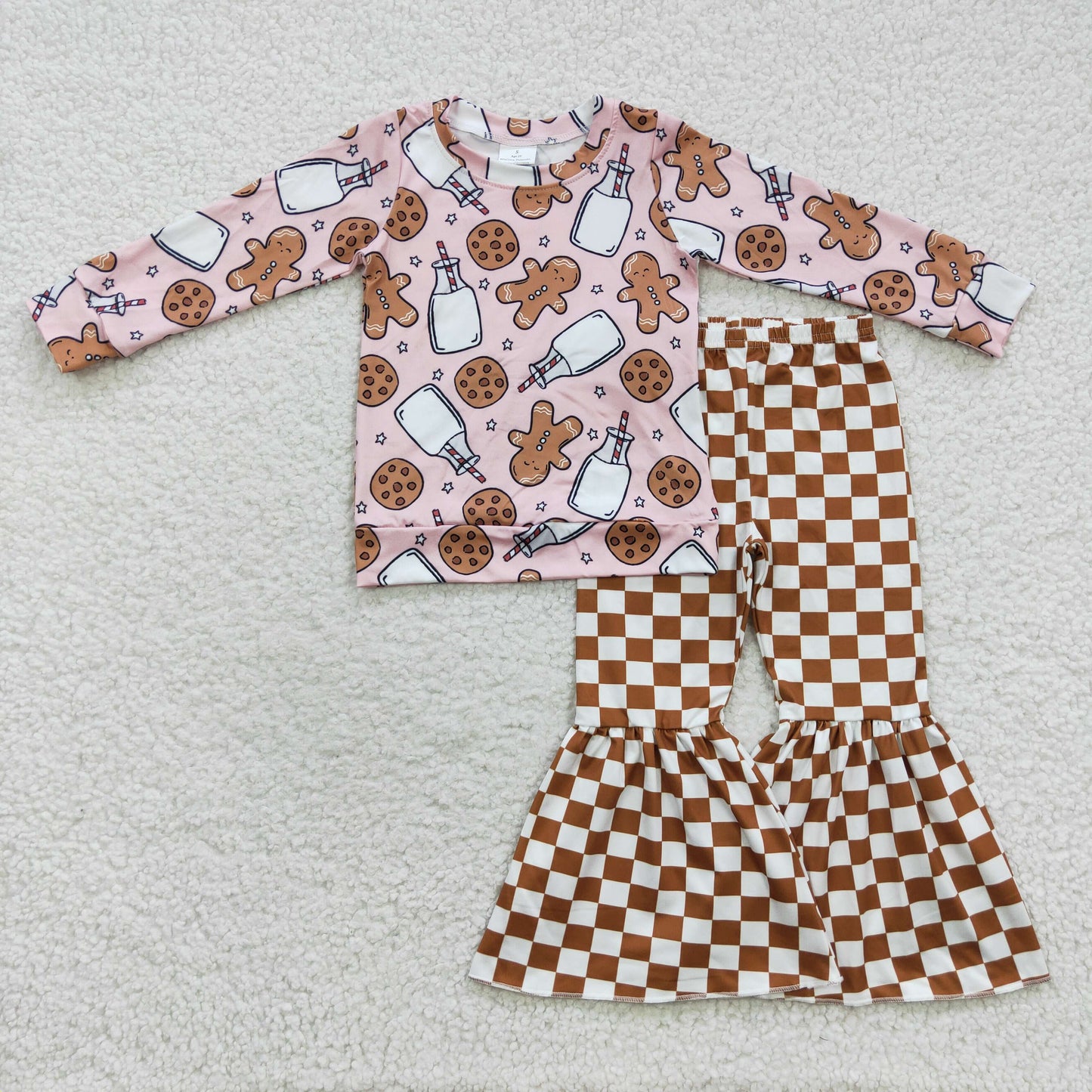 GLP0554 Baby Girl Long Sleeves Gingerbread Checkered Bell Pants Christmas Outfit