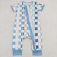 SR1013 Baby Boy Easter Short Sleeves Rabbits Checkered Blue Zipper One Piece Romper