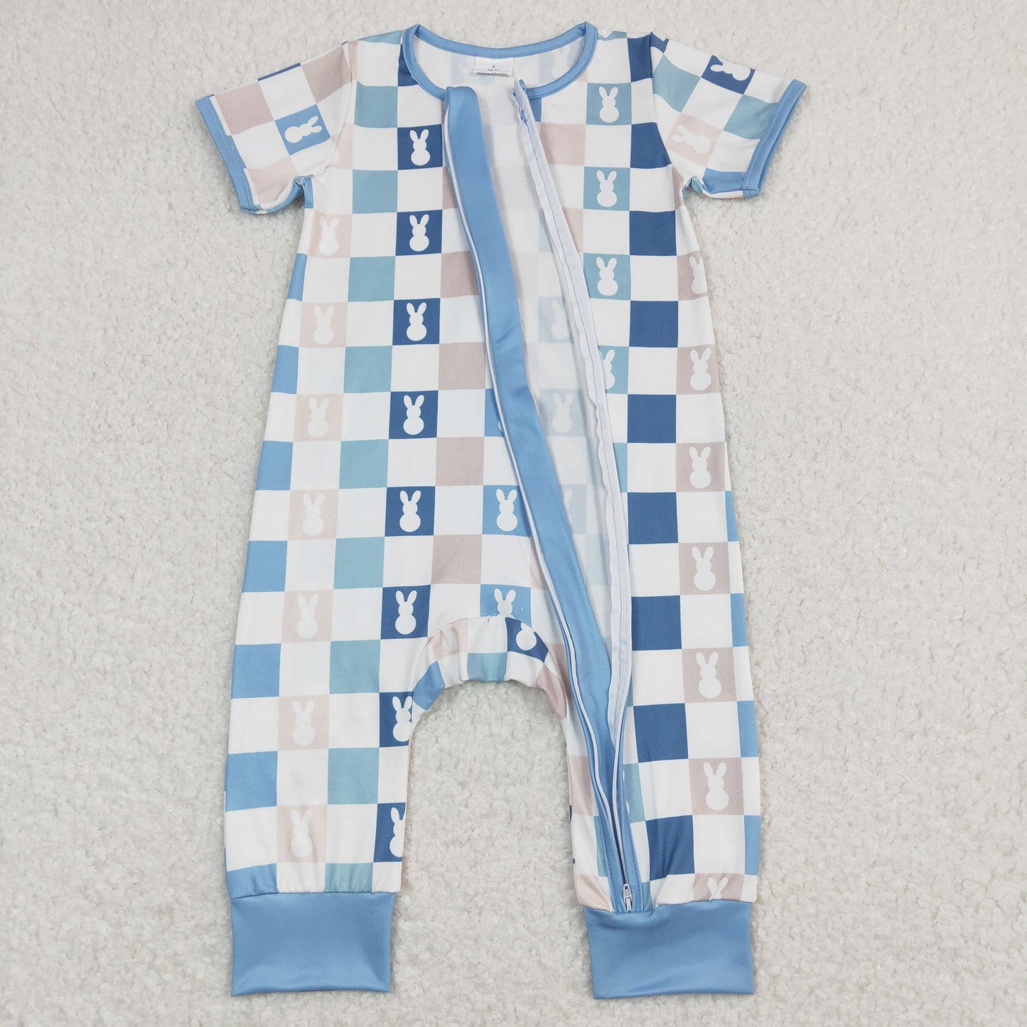 SR1013 Baby Boy Easter Short Sleeves Rabbits Checkered Blue Zipper One Piece Romper