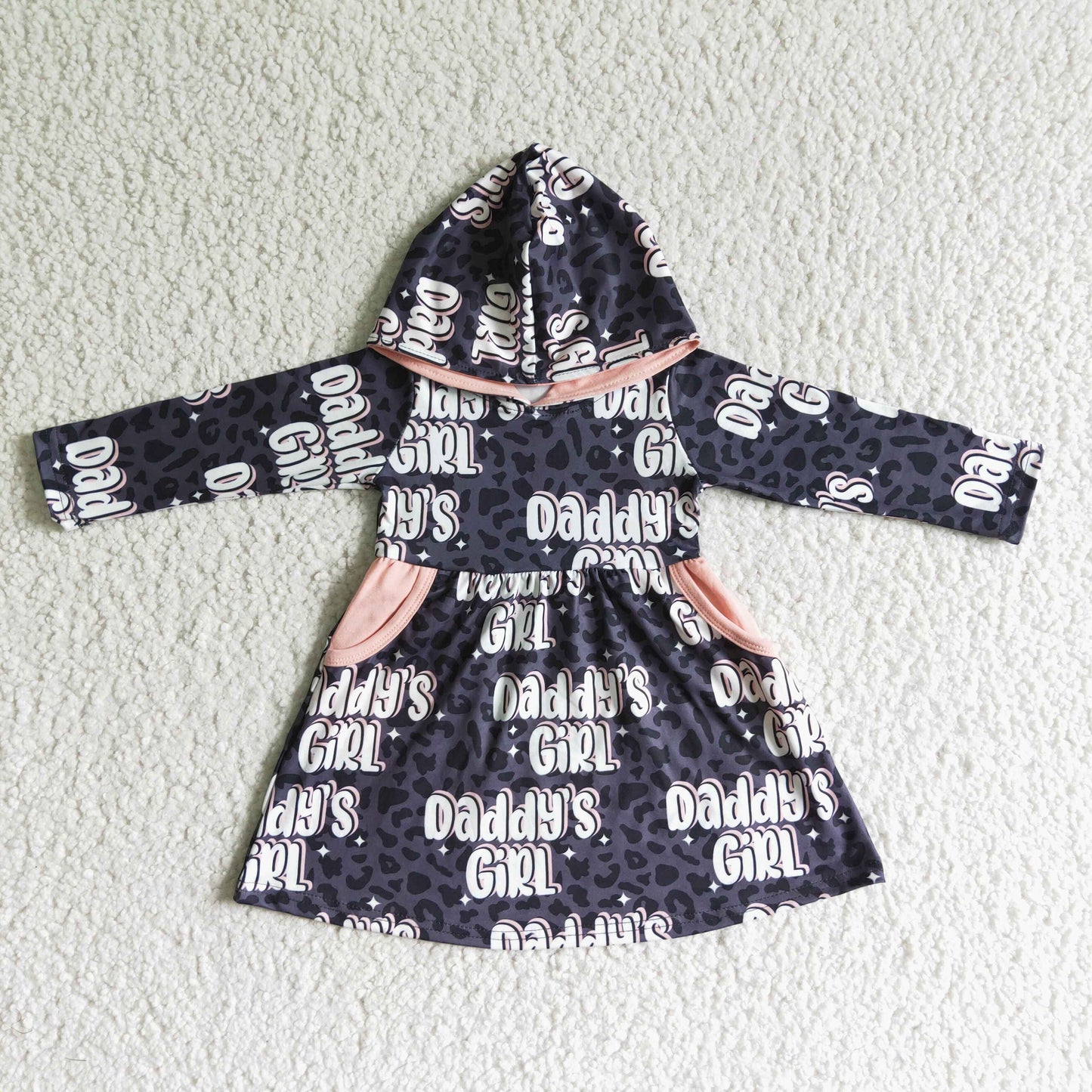Promotion Baby Kids Long Sleeves Daddy's Girl Pockets Leopard Hoodie Dress RTS