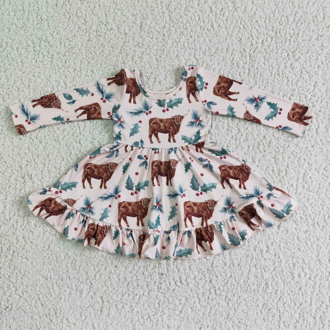 Promotion Baby Girl Long Sleeves Christmas Cow Twirl Dress