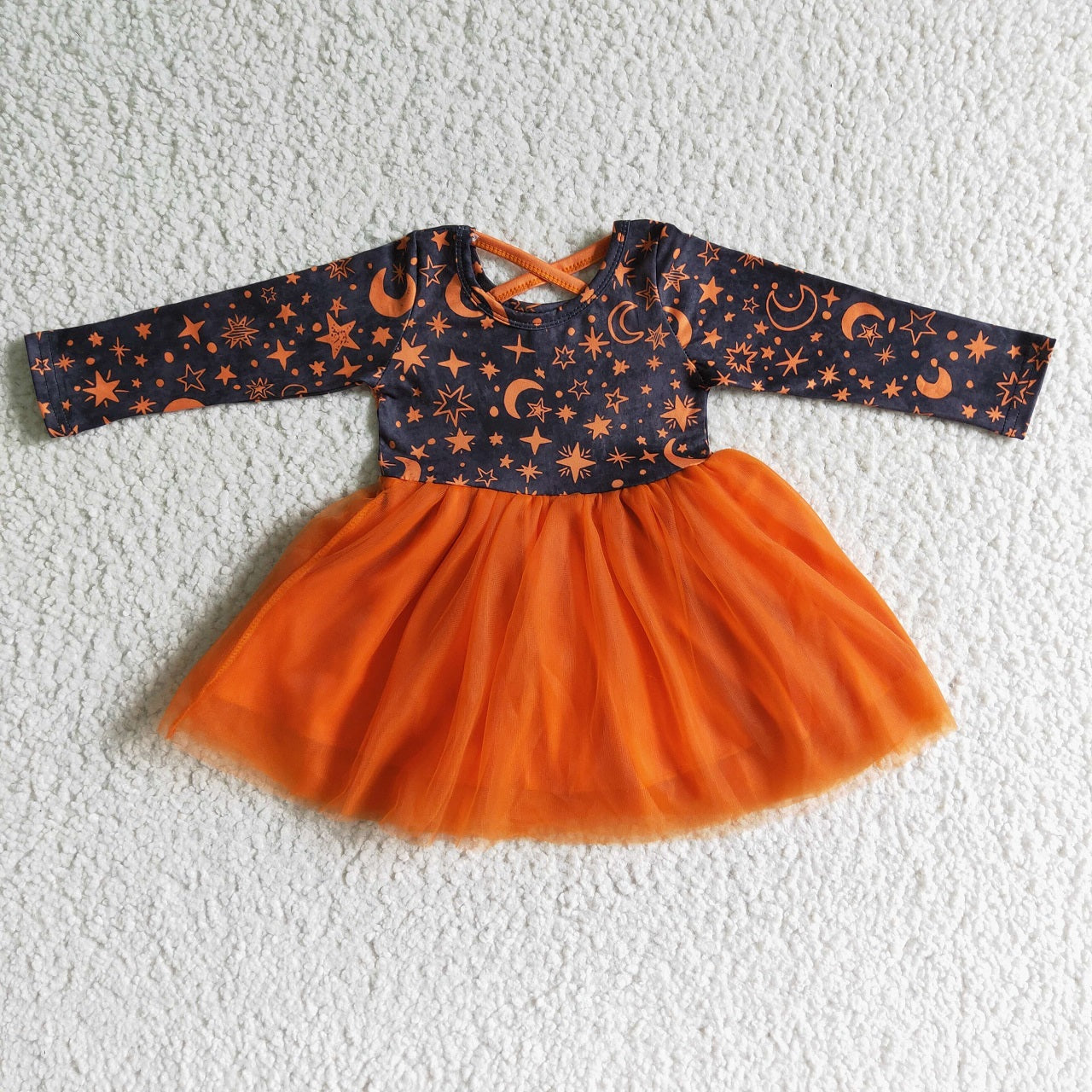 Promotion Baby Girl Long Sleeves Stars Orange Tulle Twirl Dress