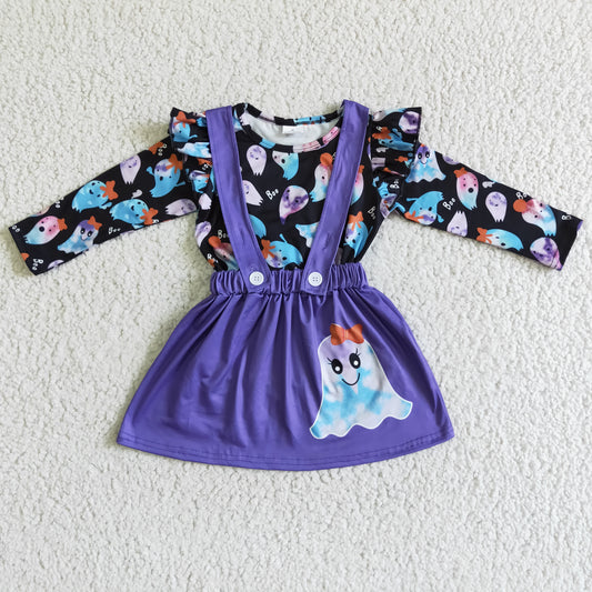 Promotion Baby Girl Long Sleeves Ghosts Bows Tops Skirt Halloween Outfit RTS