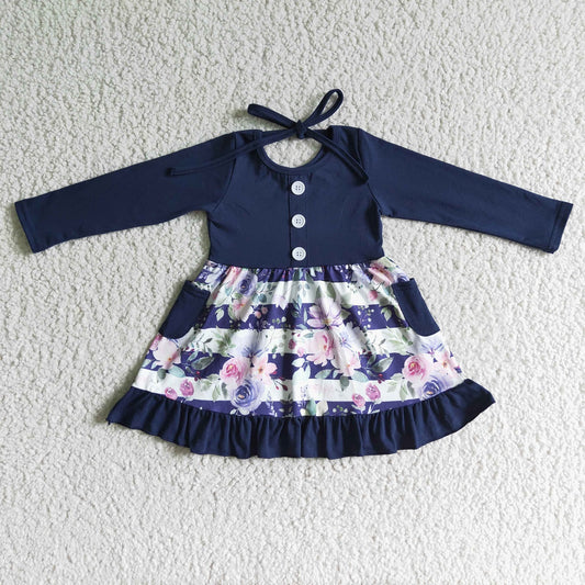 Promotion GLD0052 Baby Girl Long Sleeves Floral Ruffle Pocket Dress