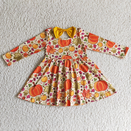 Promotion Baby Girl Long Sleeves Pumpkins Fall Knee Length Twirl Dress RTS