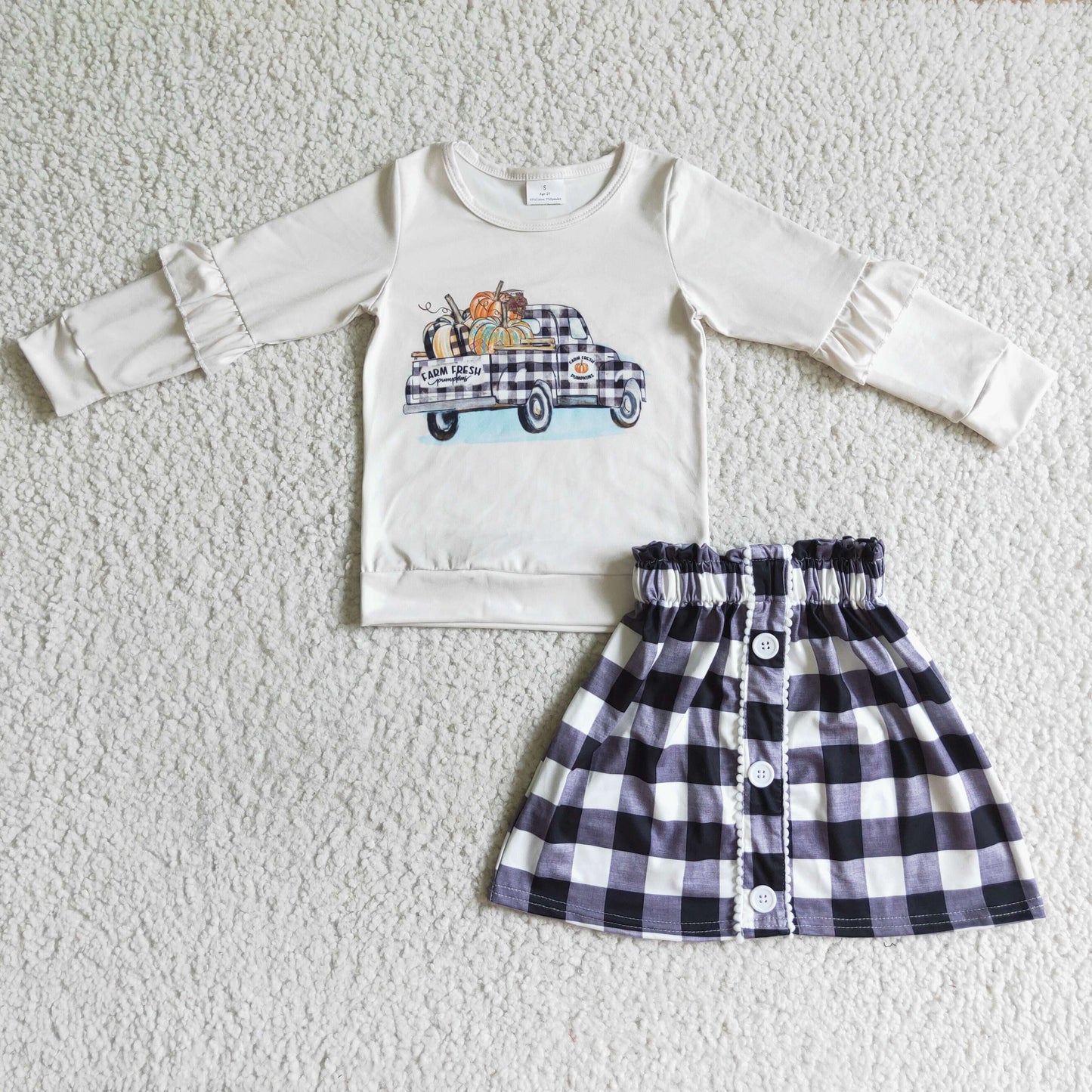 Promotion Girls Kids Long Sleeves Pumpkins Truck Shirt Black Plaid Skirt Outfit RTS